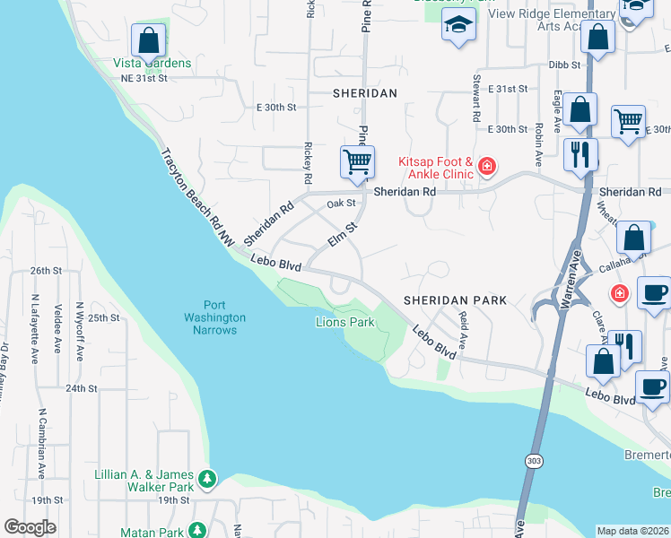map of restaurants, bars, coffee shops, grocery stores, and more near 224 Lebo Boulevard in Bremerton