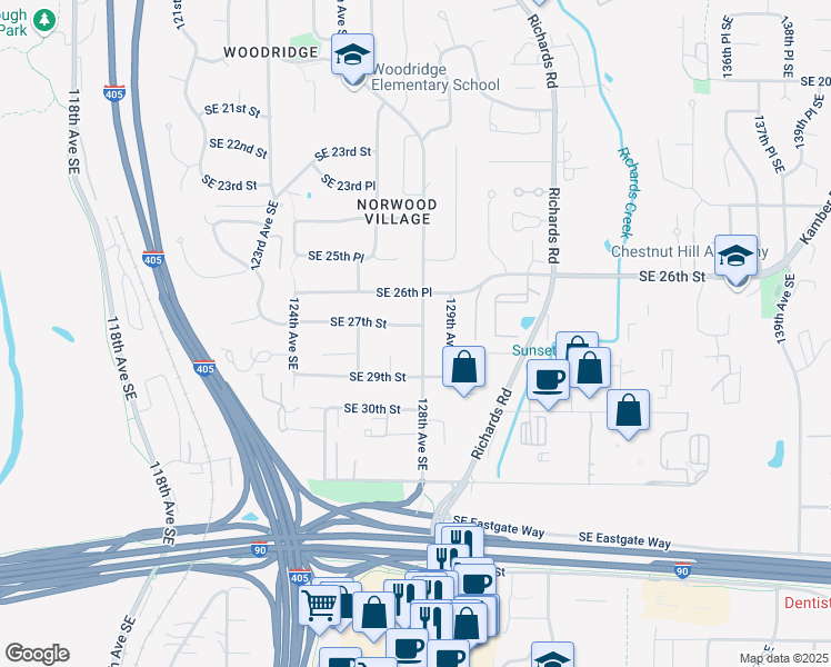 map of restaurants, bars, coffee shops, grocery stores, and more near 12647 Southeast 27th Street in Bellevue