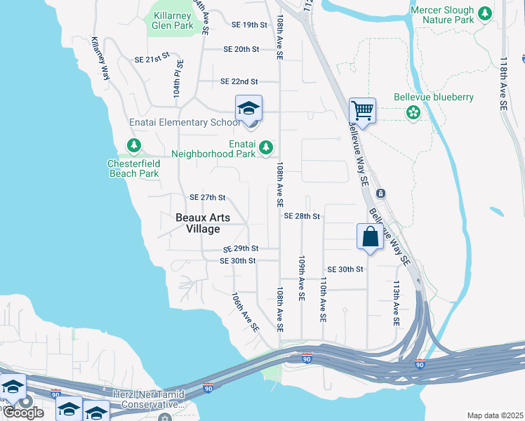 map of restaurants, bars, coffee shops, grocery stores, and more near 2713 107th Avenue Southeast in Beaux Arts Village