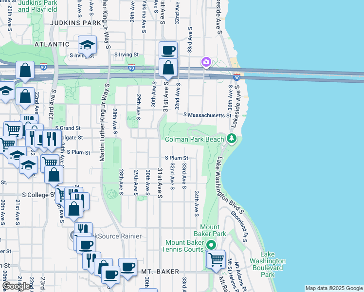 map of restaurants, bars, coffee shops, grocery stores, and more near 1905 33rd Avenue South in Seattle