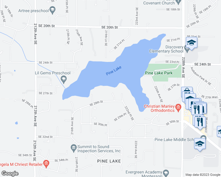 map of restaurants, bars, coffee shops, grocery stores, and more near 22004 Southeast 28th Street in Sammamish