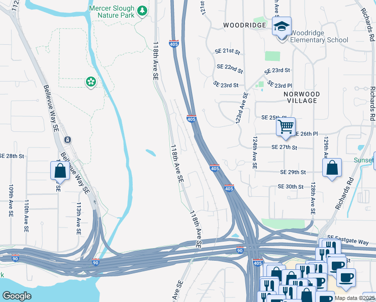 map of restaurants, bars, coffee shops, grocery stores, and more near 2690 118th Avenue Southeast in Bellevue