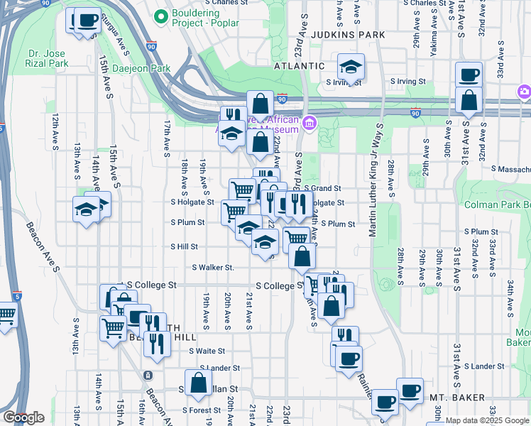 map of restaurants, bars, coffee shops, grocery stores, and more near 1915 Rainier Avenue South in Seattle