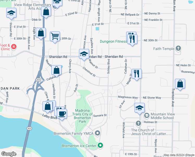 map of restaurants, bars, coffee shops, grocery stores, and more near 1035 Chestnut Street in Bremerton