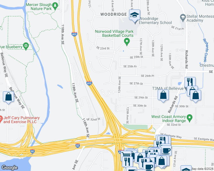 map of restaurants, bars, coffee shops, grocery stores, and more near 12123 Southeast 27th Street in Bellevue