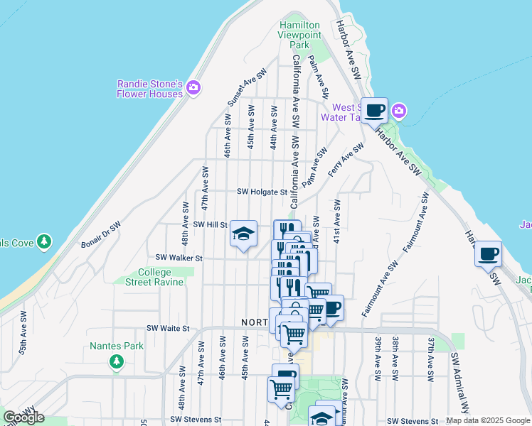 map of restaurants, bars, coffee shops, grocery stores, and more near 1927 44th Avenue Southwest in Seattle