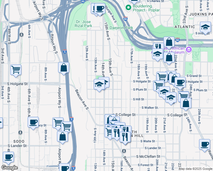 map of restaurants, bars, coffee shops, grocery stores, and more near 1912 14th Avenue South in Seattle