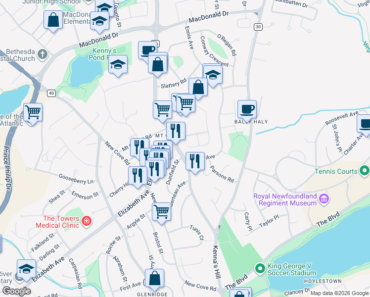 map of restaurants, bars, coffee shops, grocery stores, and more near 2 Rumboldt Place in St. John's