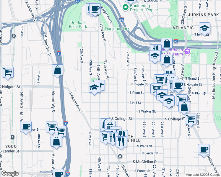 map of restaurants, bars, coffee shops, grocery stores, and more near 1912 15th Avenue South in Seattle