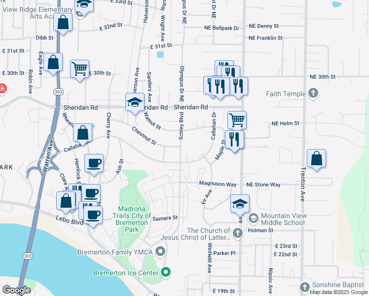 map of restaurants, bars, coffee shops, grocery stores, and more near 2212 Schley Boulevard in Bremerton
