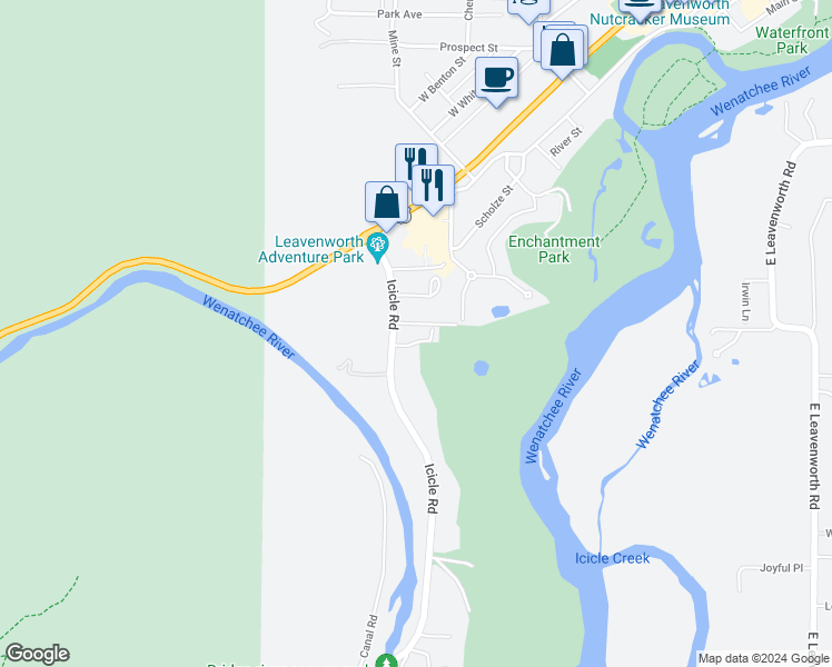 map of restaurants, bars, coffee shops, grocery stores, and more near 12670 Icicle Place in Leavenworth