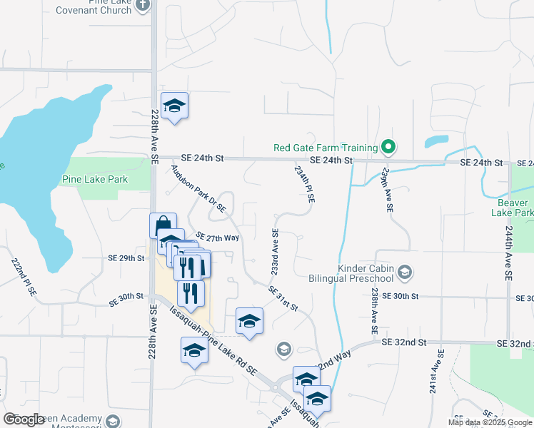 map of restaurants, bars, coffee shops, grocery stores, and more near 2615 233rd Avenue Southeast in Issaquah