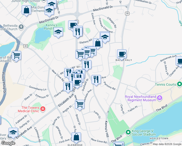 map of restaurants, bars, coffee shops, grocery stores, and more near 2 Rumboldt Place in Saint John's