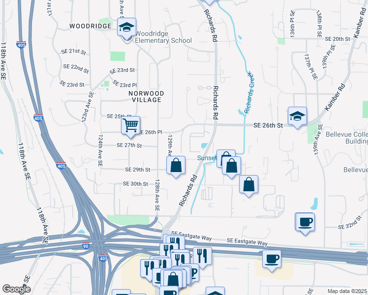 map of restaurants, bars, coffee shops, grocery stores, and more near 12935 Southeast 26th Place in Bellevue