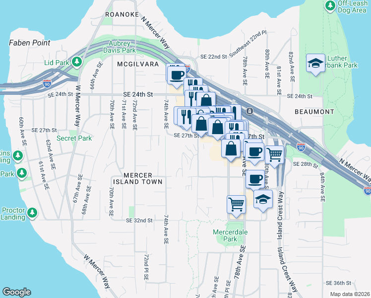 map of restaurants, bars, coffee shops, grocery stores, and more near 2805 75th Place Southeast in Mercer Island
