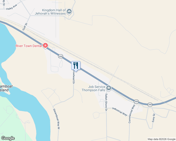 map of restaurants, bars, coffee shops, grocery stores, and more near 2111 Main Street in Thompson Falls