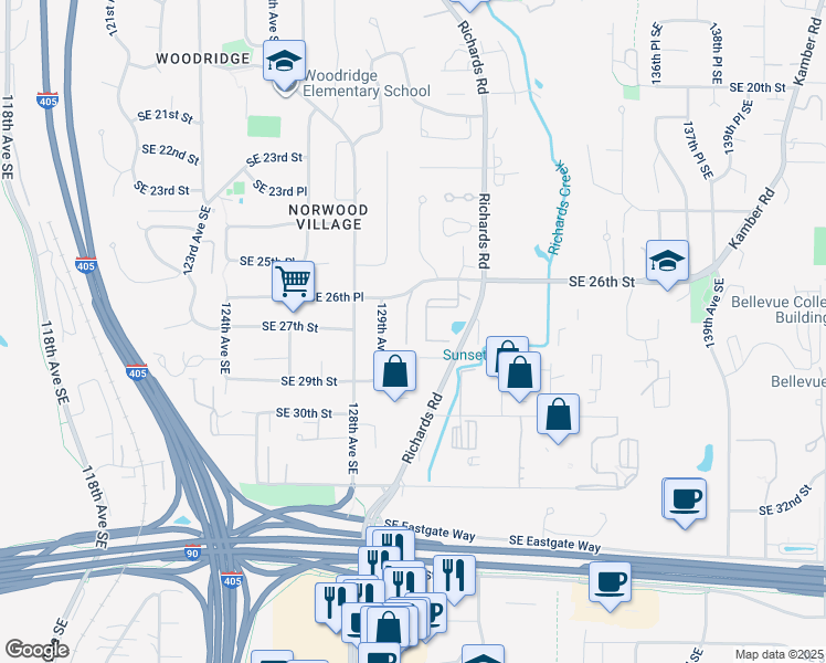map of restaurants, bars, coffee shops, grocery stores, and more near 12935 Southeast 26th Place in Bellevue