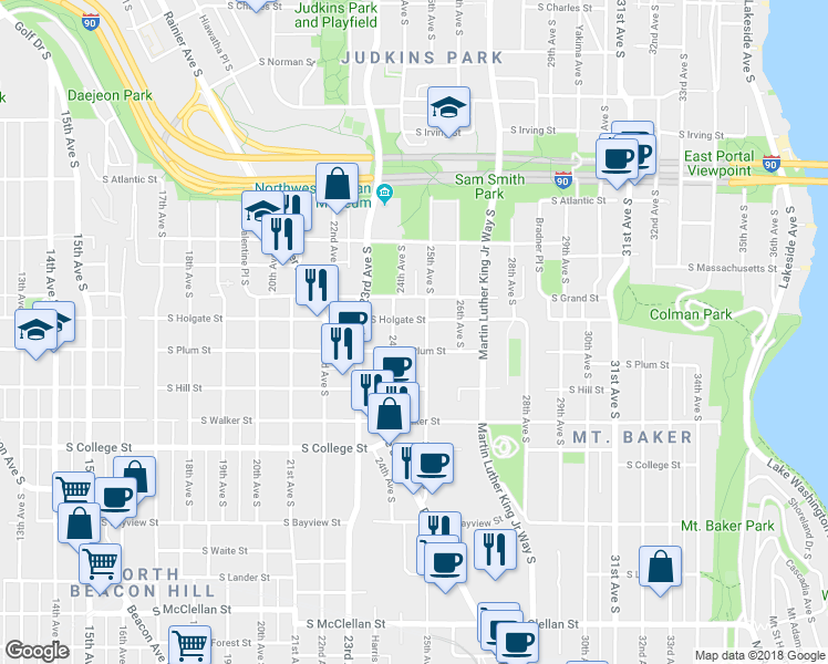 map of restaurants, bars, coffee shops, grocery stores, and more near 1911 25th Avenue South in Seattle