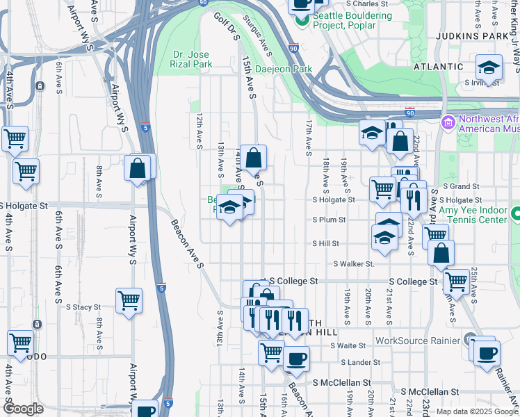 map of restaurants, bars, coffee shops, grocery stores, and more near 1912 15th Avenue South in Seattle