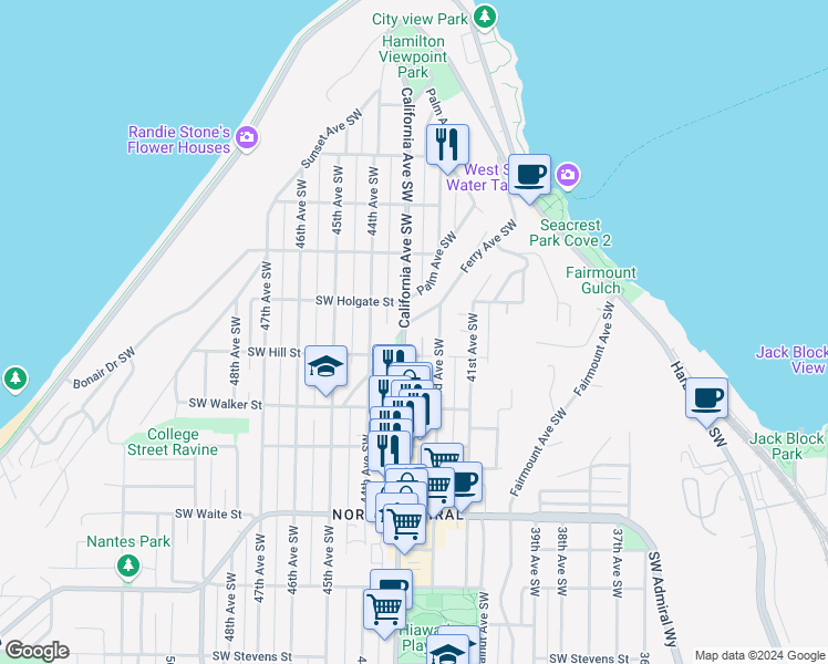 map of restaurants, bars, coffee shops, grocery stores, and more near 2001 California Avenue Southwest in Seattle