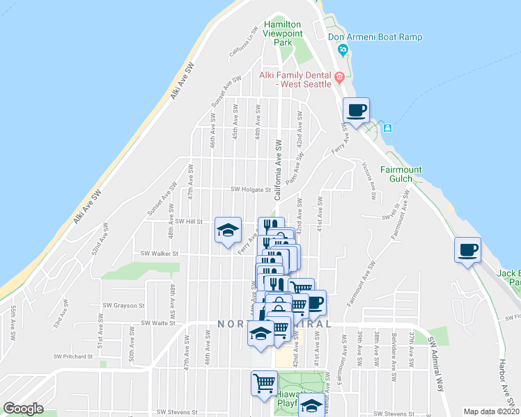 map of restaurants, bars, coffee shops, grocery stores, and more near 1927 44th Avenue Southwest in Seattle