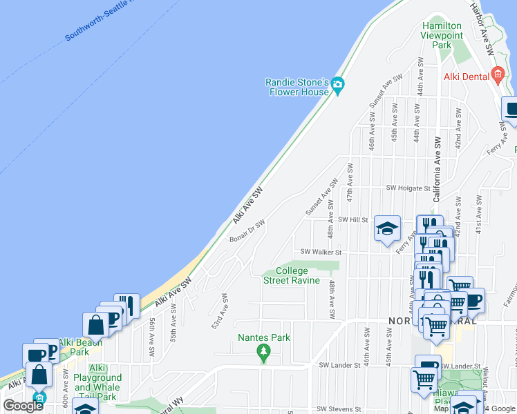 map of restaurants, bars, coffee shops, grocery stores, and more near 1780 Alki Avenue Southwest in Seattle
