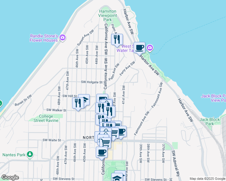 map of restaurants, bars, coffee shops, grocery stores, and more near 1919 42nd Avenue Southwest in Seattle