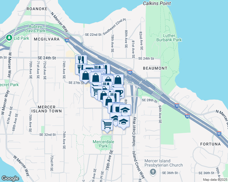 map of restaurants, bars, coffee shops, grocery stores, and more near 140 78th Avenue Southeast in Mercer Island