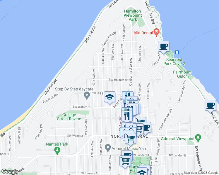 map of restaurants, bars, coffee shops, grocery stores, and more near 1927 45th Avenue Southwest in Seattle