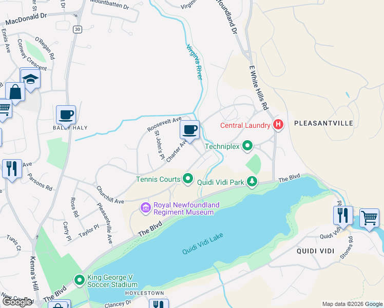 map of restaurants, bars, coffee shops, grocery stores, and more near 66 Churchill Avenue in St. John's