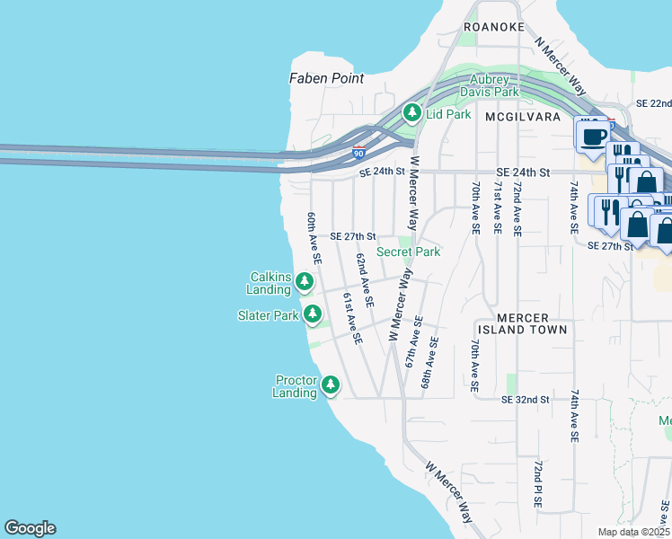 map of restaurants, bars, coffee shops, grocery stores, and more near 2735 61st Avenue Southeast in Mercer Island