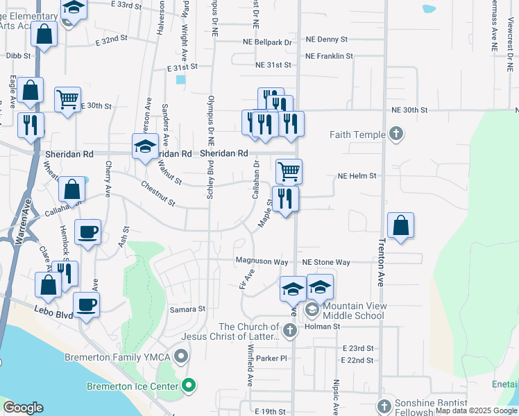 map of restaurants, bars, coffee shops, grocery stores, and more near 2722 Callahan Drive in Bremerton