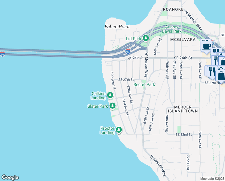 map of restaurants, bars, coffee shops, grocery stores, and more near 2731 60th Avenue Southeast in Mercer Island