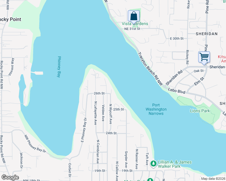 map of restaurants, bars, coffee shops, grocery stores, and more near 2602 North Wycoff Avenue in Bremerton