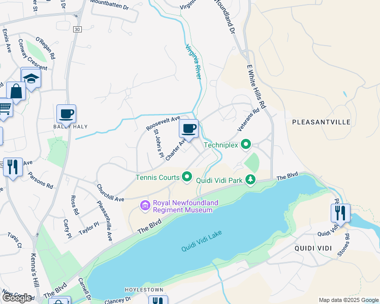 map of restaurants, bars, coffee shops, grocery stores, and more near 66 Churchill Avenue in St. John's
