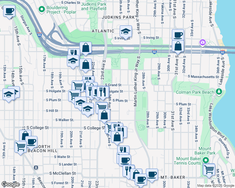 map of restaurants, bars, coffee shops, grocery stores, and more near 1905 25th Avenue South in Seattle