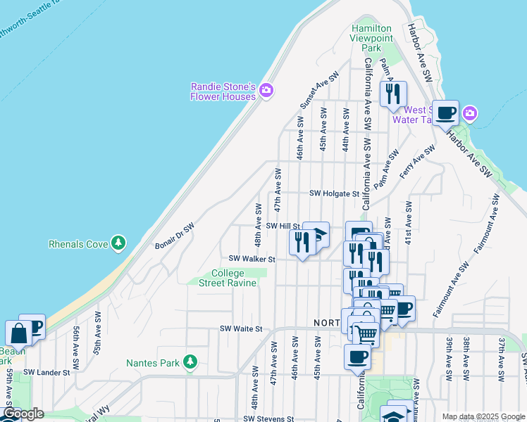 map of restaurants, bars, coffee shops, grocery stores, and more near 1924 48th Avenue Southwest in Seattle