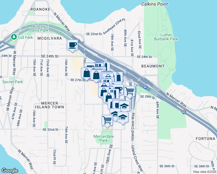 map of restaurants, bars, coffee shops, grocery stores, and more near 140 78th Avenue Southeast in Mercer Island