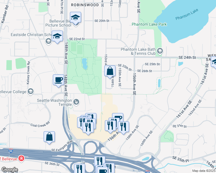 map of restaurants, bars, coffee shops, grocery stores, and more near 2652 153rd Avenue Southeast in Bellevue