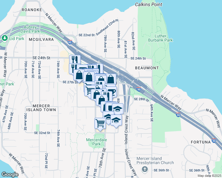 map of restaurants, bars, coffee shops, grocery stores, and more near 140 78th Avenue Southeast in Mercer Island