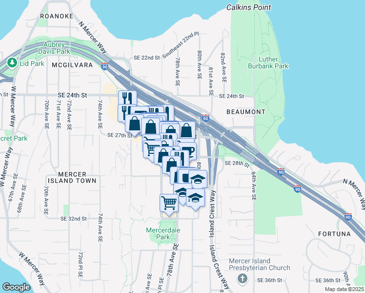 map of restaurants, bars, coffee shops, grocery stores, and more near 140 78th Avenue Southeast in Mercer Island