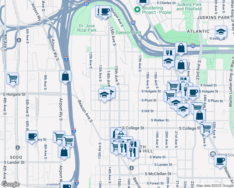 map of restaurants, bars, coffee shops, grocery stores, and more near 1912 15th Avenue South in Seattle