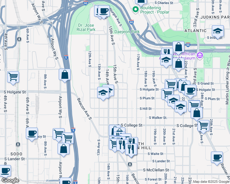 map of restaurants, bars, coffee shops, grocery stores, and more near 1912 14th Avenue South in Seattle