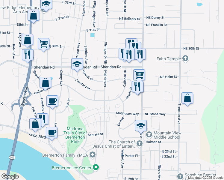 map of restaurants, bars, coffee shops, grocery stores, and more near 2710 Schley Boulevard in Bremerton