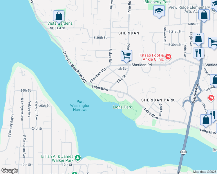 map of restaurants, bars, coffee shops, grocery stores, and more near 108a Elm Street in Bremerton