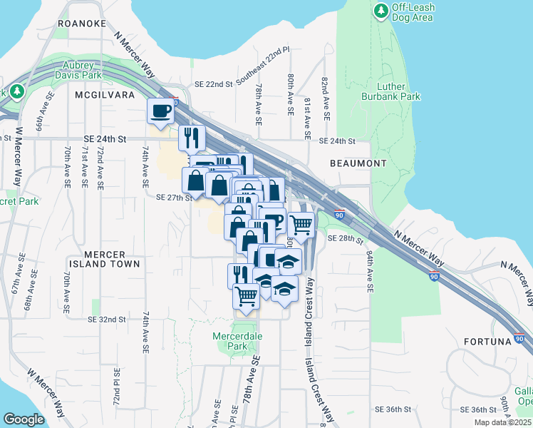 map of restaurants, bars, coffee shops, grocery stores, and more near 140 78th Avenue Southeast in Mercer Island