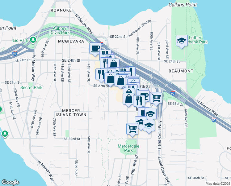 map of restaurants, bars, coffee shops, grocery stores, and more near 2720 76th Avenue Southeast in Mercer Island