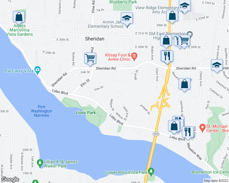 map of restaurants, bars, coffee shops, grocery stores, and more near 261 Willow Street in Bremerton