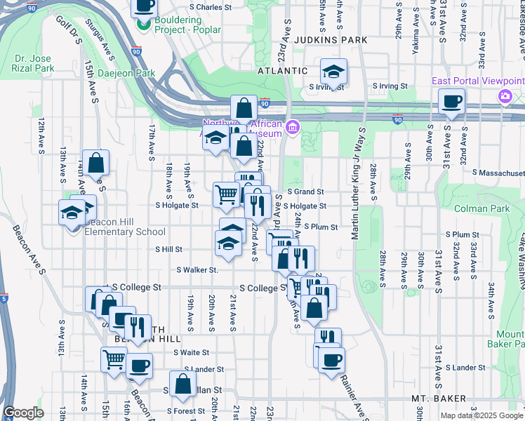 map of restaurants, bars, coffee shops, grocery stores, and more near 1915 Rainier Avenue South in Seattle