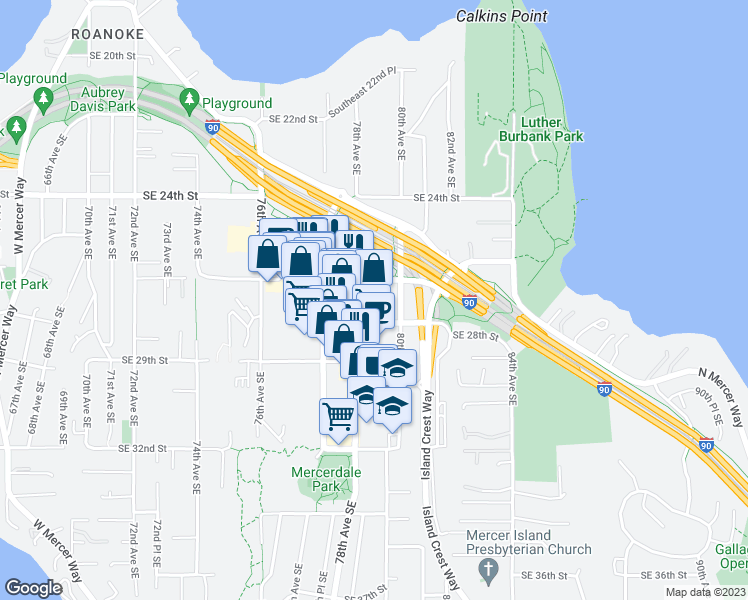 map of restaurants, bars, coffee shops, grocery stores, and more near 140 78th Avenue Southeast in Mercer Island